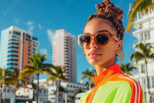 Colorful Summer Fashion in Vibrant Miami With Stylish Sunglasses and Lively P...