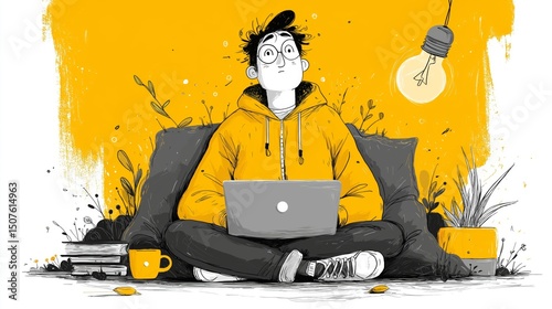 In a lively and inspiring workspace, a creative thinker sits surrounded by an abundance of books and lush green plants.