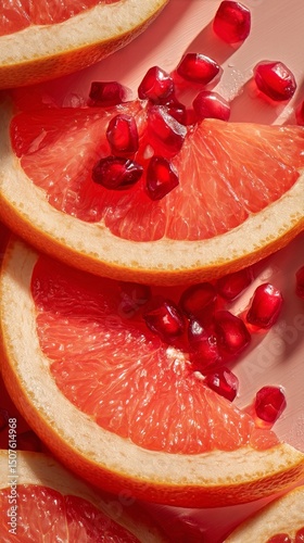 Fresh Grapefruit Slices With Pomegranate Seeds Arranged on a Pastel Backgroun...