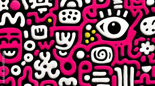 A striking mural composed of bold pink, white, and black patterns captures attention with its dynamic design. Intricate shapes and symbols emerge, sparking curiosity and artistic exploration.