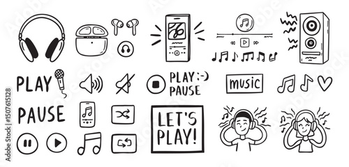 Audio music listening concept sound doodle hand drawn icon Set. Headphones interface buttons musical notes