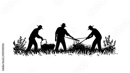 Farmers harvesting crops without machinery, vector graphic