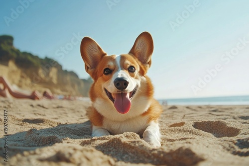 Corgi Playing on Sandy Beach Under Sunny Sky With Ocean in the Background