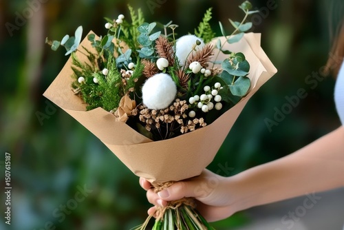 Unique Bouquet of Dried Flowers and Greenery Held in a Hand Surrounded by Nat...