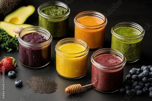 Colorful Assortment of Healthy Juices Arranged on a Turquoise Background