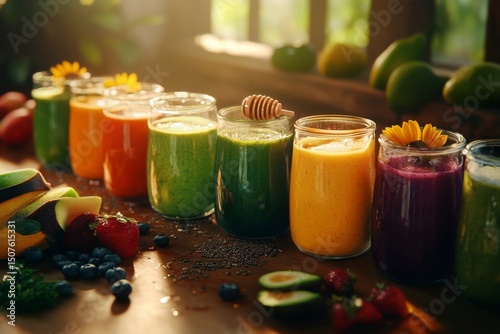 Colorful Fruit and Vegetable Smoothies Arranged on a Wooden Table in Natural ...