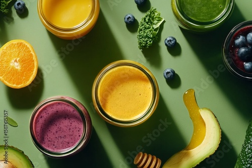 Colorful Fruit and Vegetable Smoothies Arranged on a Wooden Table in Natural ...