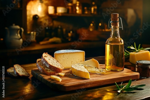 Delicious Cheese Platter With Fresh Bread and Olive Oil on Wooden Board in Ru...