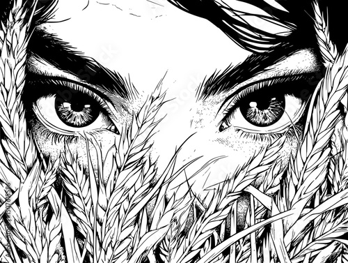 Hands harvesting under watchful eyes, vector illustration art