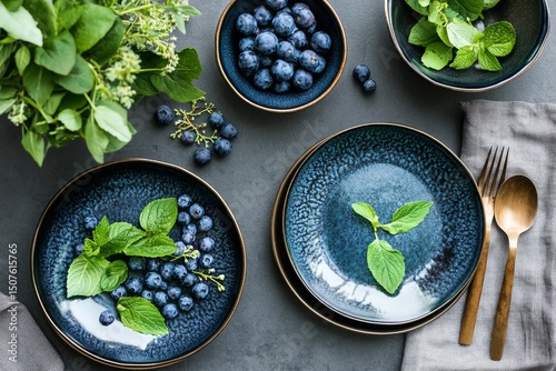 Fresh Blueberries and Herbs Arranged on Dark Plates With Natural Lighting in ...