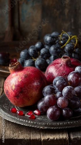 Fresh Grapes and Pomegranate Arranged on a Rustic Plate in Soft Natural Light