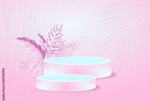 Product display podium decorated with tropical palm leaves