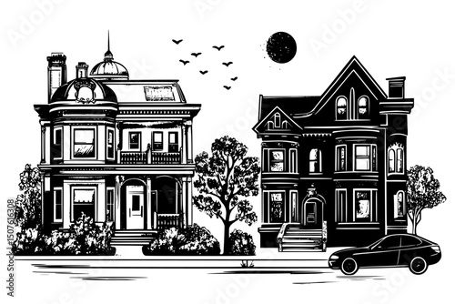Mansion beside modest apartment building, black vector graphic