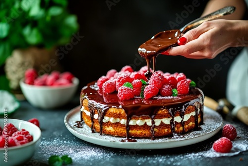 Delicious Chocolate Raspberry Cake Being Decorated at a Cozy Kitchen Table