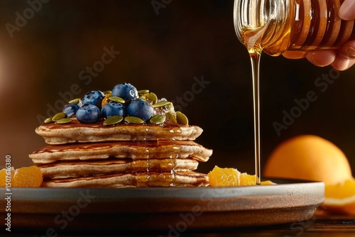 Delicious Breakfast Stack With Pancakes, Blueberries, Honey, and Orange Slice...
