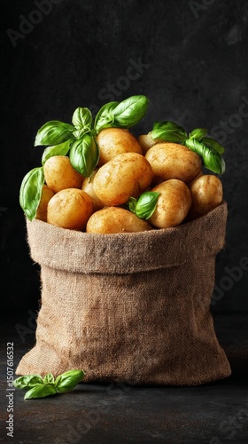 Freshly Harvested Potatoes With Basil Leaves in a Burlap Sack on a Dark Backg...