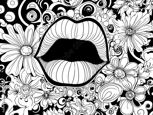Mouth covered with platform symbols, black vector graphic