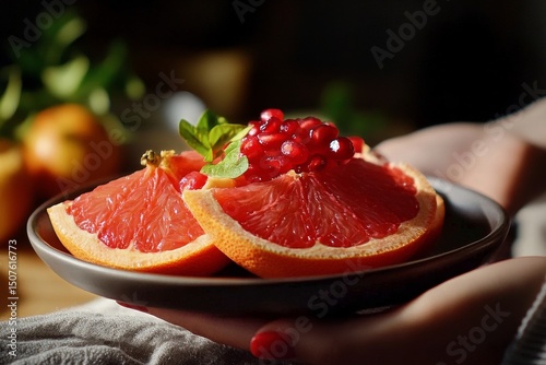 Juicy Grapefruit and Pomegranate Seeds Served on a Gray Plate in a Cozy Kitch...