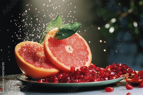 Freshly Cut Grapefruit and Pomegranate Seeds With Sparkling Water Droplets Ca...
