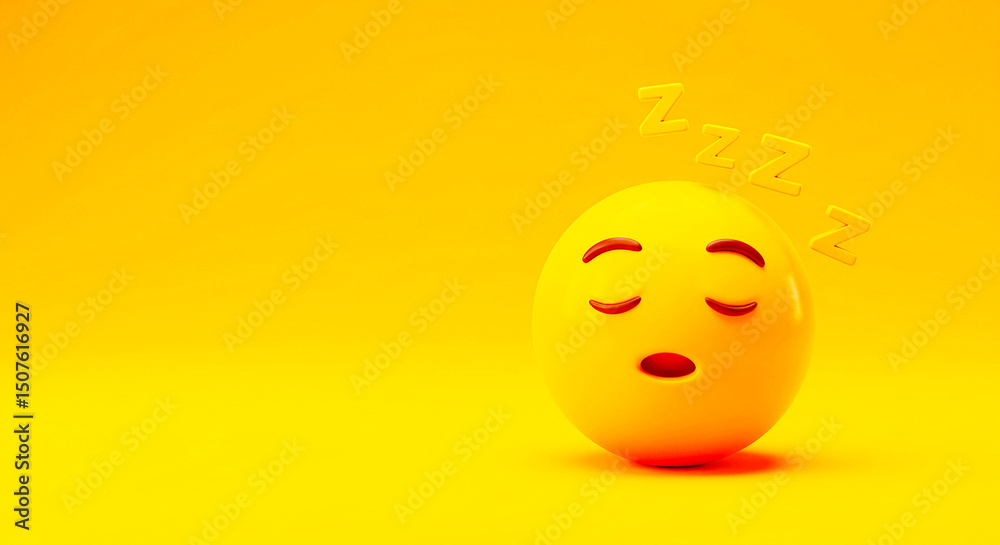 Fototapeta premium A sleeping emoji with closed eyes and zzz symbols above its head on a yellow background in a studio shot