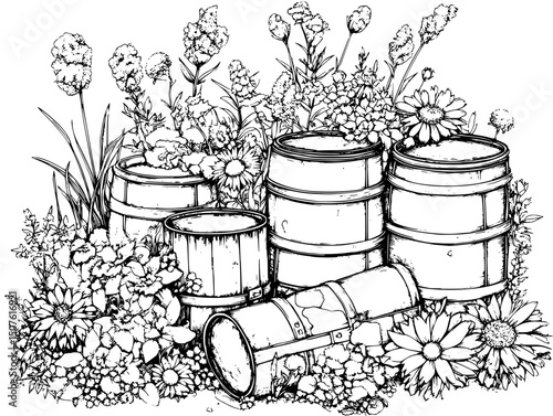 Oil barrels with nature imagery, black vector graphic