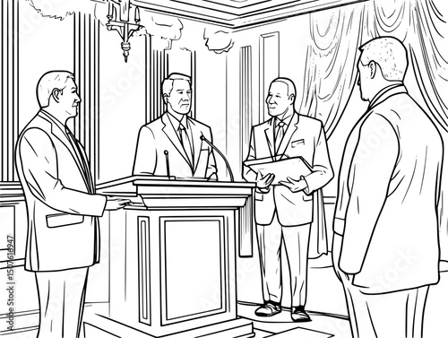 Officials debating at wooden podium, vector design