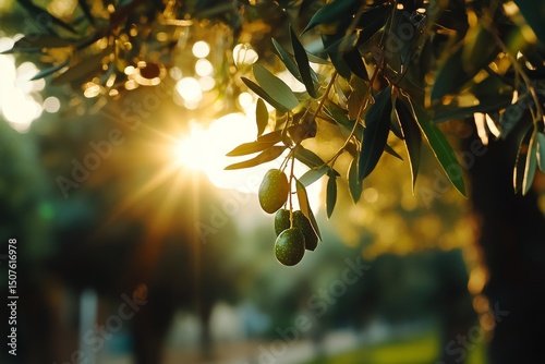 Sunlight Filtering Through Olive Tree Branches Highlighting Ripe Olives in th...