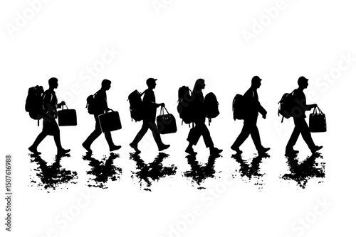 People carrying belongings across borders, vector illustration