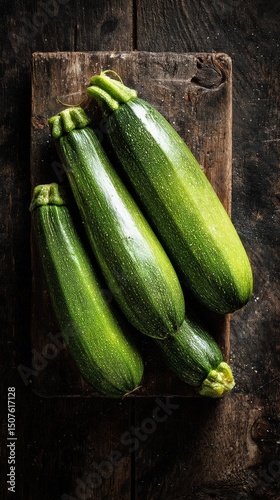 Fresh Green Zucchini on Wooden Surface Ready for Cooking or Baking in the Kit...