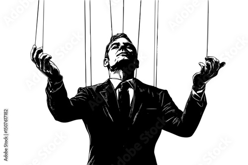 Politician with puppet master strings, black vector graphic