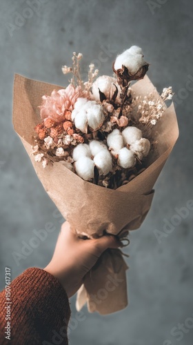 Beautiful Bouquet of Cotton Flowers and Dried Plants Held by a Person in a Co...
