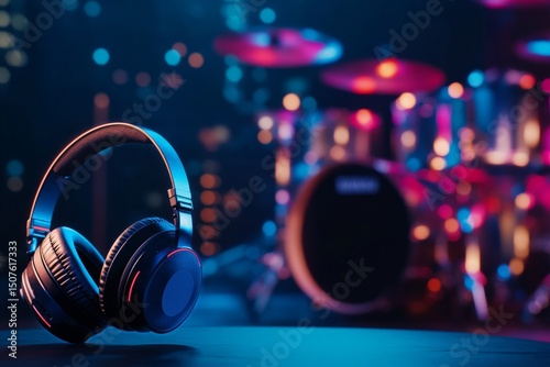 Headphones Hang in a Colorful Music Studio With Drums in the Background Durin...