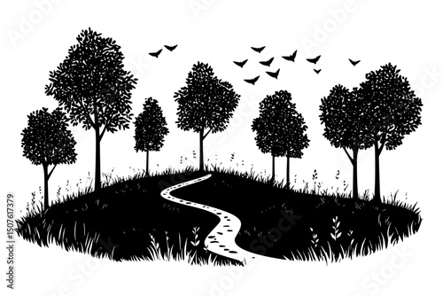 Protected woodland with hiking trail, vector illustration art