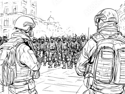 Protesters facing line of authorities, vector design