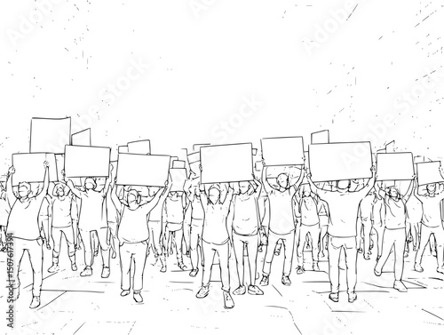Protesters holding signs in plaza, black vector graphic