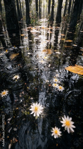 Rain Falling Gently on a Lake With Floating Flowers During a Tranquil Afternoon