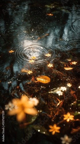 Ripples in the Water With Fallen Flowers During a Gentle Rain in a Serene For...