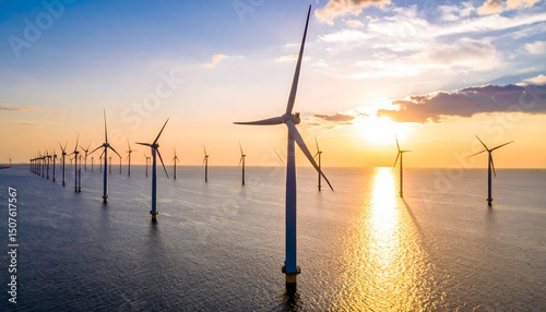 An offshore wind farm with numerous wind turbines in the sea at sunset