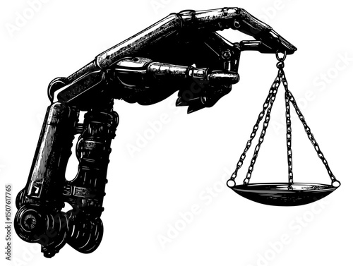 Robotic hand holding justice scales, vector illustration