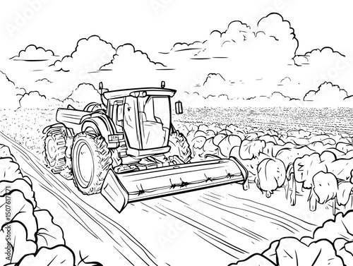 Robotic harvesters collecting crops, vector graphic