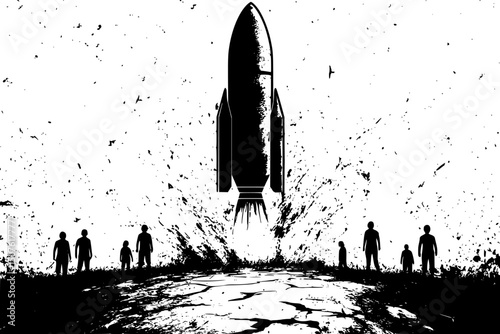 Rocket launch beside drought victims, vector graphic