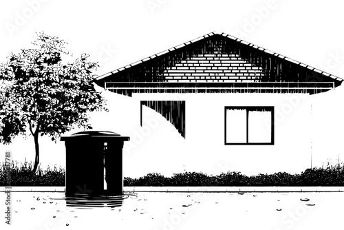 Rooftop rainwater collection system, black vector graphic