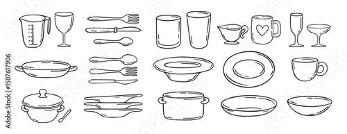 dishes dinnerware doodle hand drawn icon set. Plate, glass and cup, mug, bowl. Outline drawing tableware for kitchen line clipart symbol collection