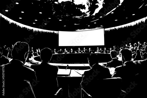 Security council chamber during session, black vector graphic