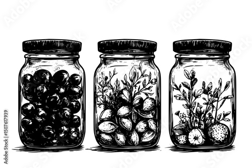 Seed bank preserving biodiversity, black vector graphic