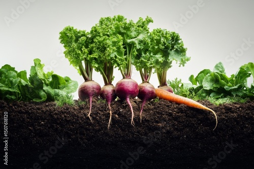 Freshly Harvested Root Vegetables With Green Tops From a Garden Soil Bed