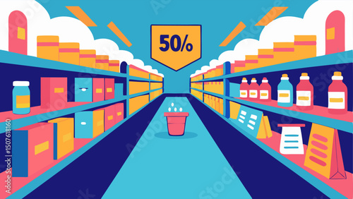 Endless Aisles of Savings A whimsical illustrated aisle stocked high with products with animated signs reading Up to 50% off creating a sense of abundance.