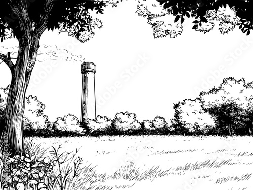 Smokestack hidden behind trees, vector illustration