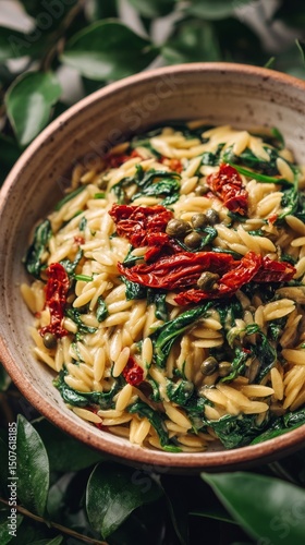 Creamy Orzo Pasta With Spinach and Sun-Dried Tomatoes in a Rustic Bowl Surrou...