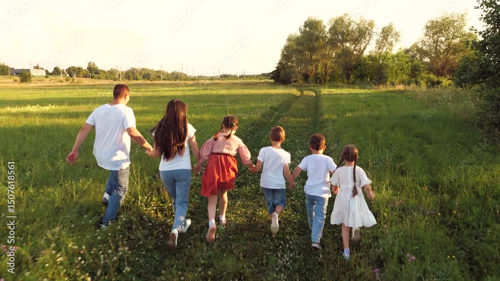 Friendly family with children runs holding hands across summer field. Happy family enjoys game running in green park together on holiday. Children and parents run across field on vacation Friendly family with children runs holding hands across summer field. Happy family enjoys game running in green park together on holiday. Children and parents run across field on vacation